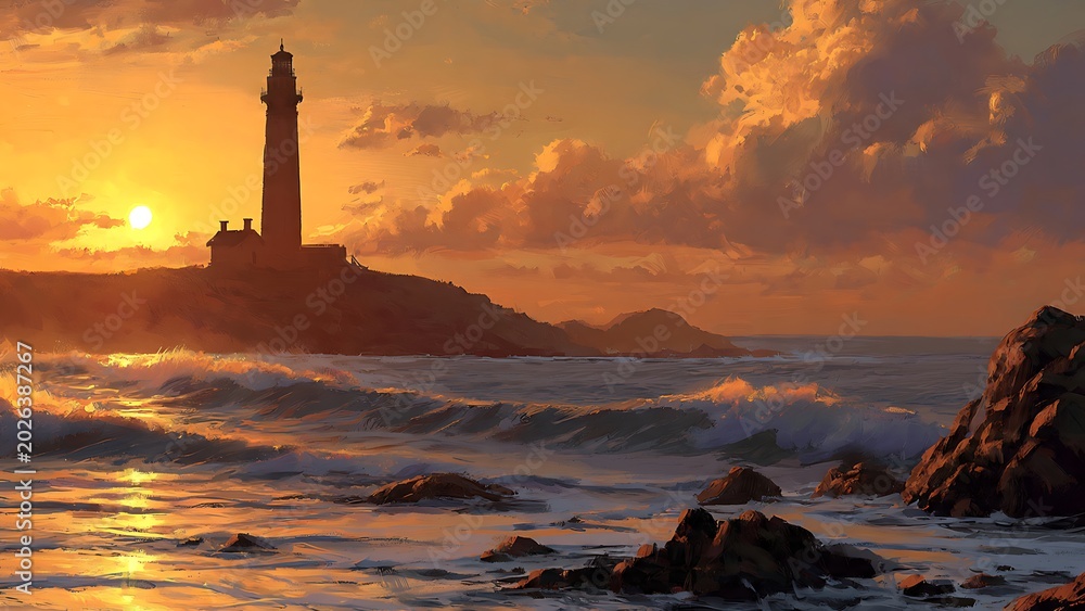 Fototapeta premium Lighthouse on rocky coastline at sunset.