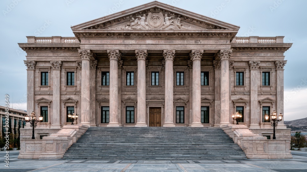 Fototapeta premium Neoclassical commercial building featuring grand columns and a pediment, showcasing classical architectural elements in an urban business environment.