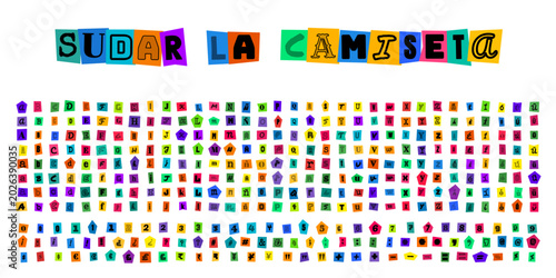 Foto SUDAR LA CAMISETA, letras de estilo nota de rescate, alfabeto completo y numeros