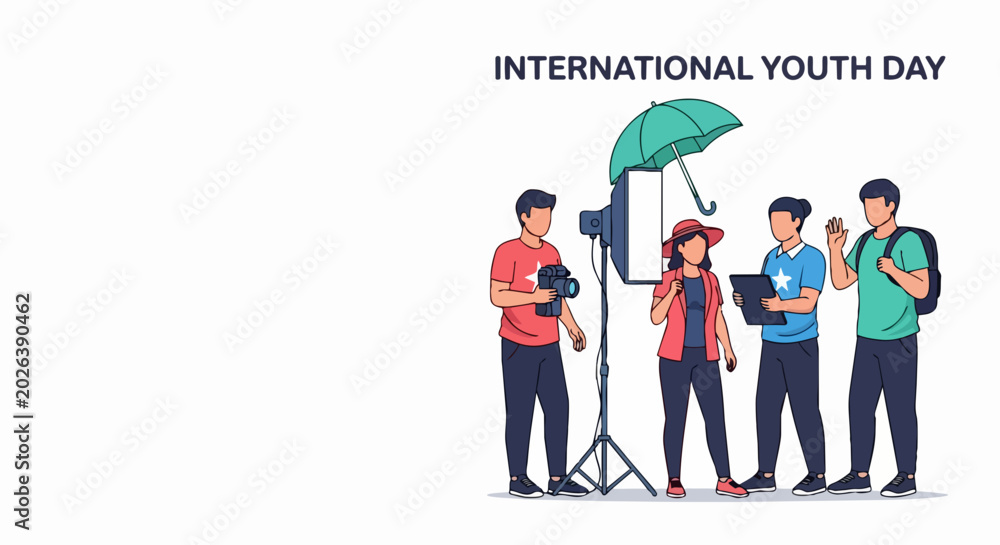 Obraz premium International Youth Day celebration with diverse group holding umbrella and microphones on stage. Vector illustration of youth empowerment event featuring young people speaking into microphones.