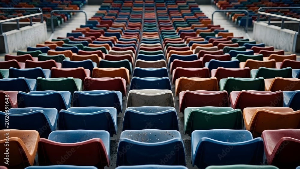 Fototapeta premium Rows of colorful empty plastic seats in a large stadium arena