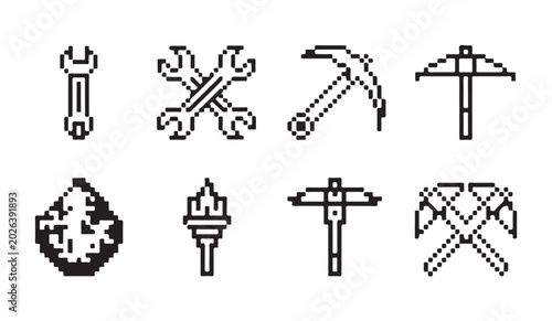 Set of pixel art work tools icons in 8 bit style for retro game design and assets.