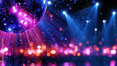 A vibrant disco ball reflects colorful lights and beams, creating a lively party atmosphere with bokeh effects and dynamic illumination.