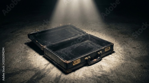 Empty black leather briefcase with gold clasp on textured surface in soft lighting