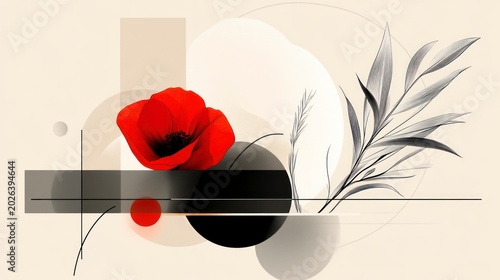 Abstract Floral Composition: Red Poppy, Geometric Shapes, and Botanical Elements.