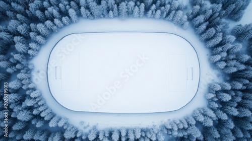 Aerial View of Snow-Covered Soccer Field Surrounded by Winter Forest