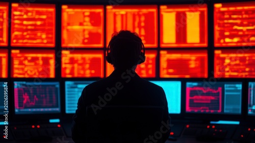 Silhouette of a Data Analyst Monitoring Multiple Screens with Red and Blue Data Streams
