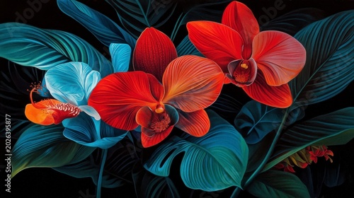Nocturnal Bloom: Vivid Red and Teal Orchids in Deep Shadow