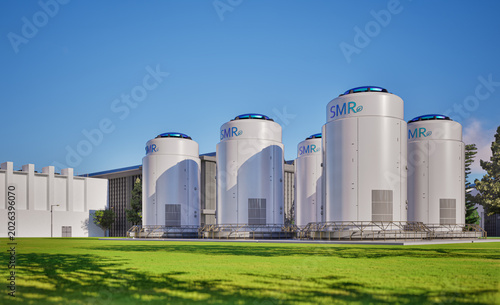 Group of smr or small modular nuclear reactors power plant with data center building