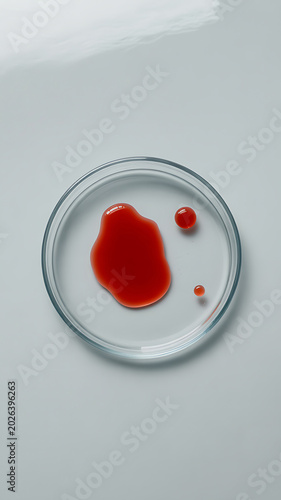 A petri dish containing a red liquid substance on a laboratory setting with a clear glass plate and a grey background