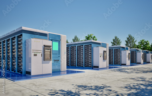 Group of energy storage systems or battery container units with blue sky background
