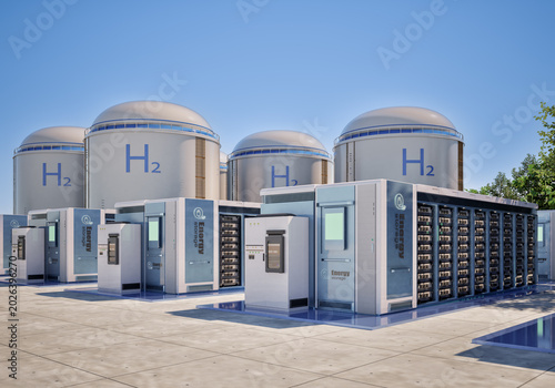 Group of energy storage systems or battery container units with hydrogen tanks