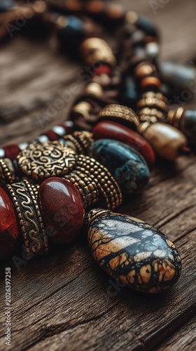 Boho-style handmade jewelry made from stone and natural materials displayed on a wooden table.