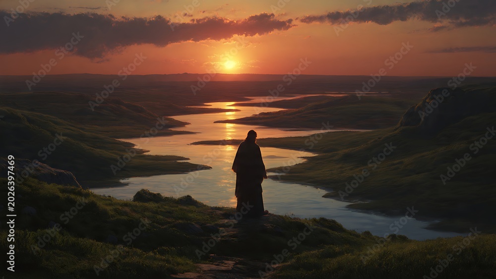 Fototapeta premium Person standing on hill watching sunset.