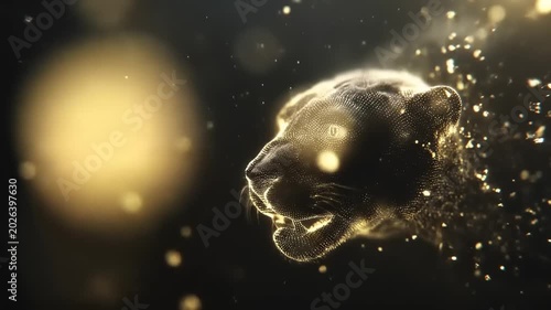 Black panther head profile illuminated with glowing particles on dark background