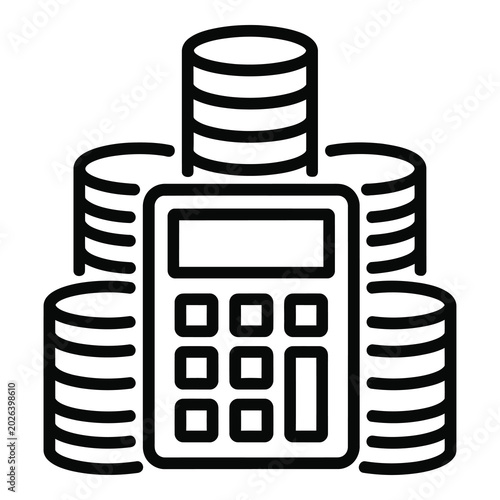Black line icon of calculator with stack of coins on white background icon