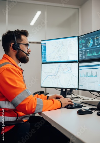 Logistics Dispatcher in High-Visibility Jacket Monitoring Data and Maps on Multiple Screens in a High-Tech Control Room