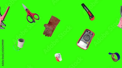 Collection of electrical and repair tools floating on a green background