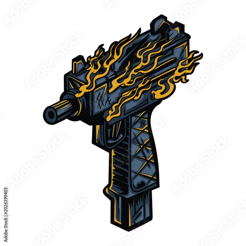 Foto Stylized Flaming Submachine Gun Vector Illustration with Dark Metallic and Fire