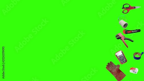 Collection of electrical and repair tools floating on a green background