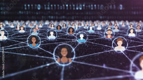Global network of connected diverse people profile icons.