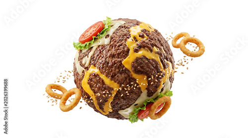 Burger Planet with Onion Rings and Tomato Slices Floating on White Background
