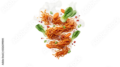 Tornado of noodles with vegetables in air