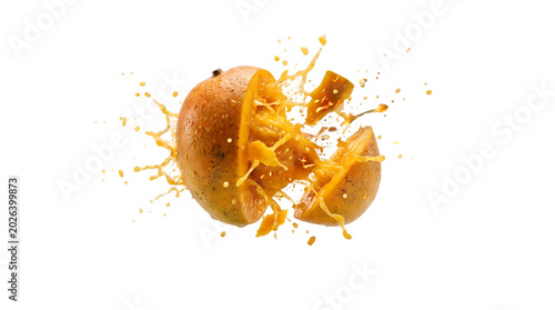 Ripe mango exploding with juice splash