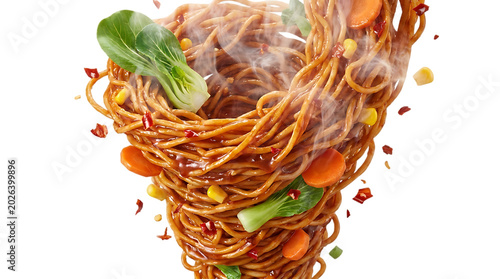 Tornado of noodles with vegetables in air