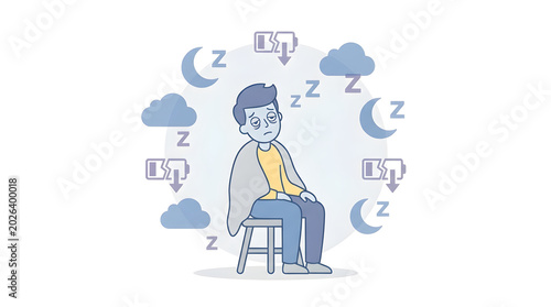 Exhausted Man With Sleep Deprivation and Low Energy Vector Illustration