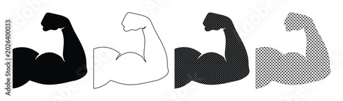Strong Arm Bicep Flex Vector Icon Set, four variations of a muscular arm silhouette, symbolizing strength, power, and fitness, ideal for gym branding or health apps
