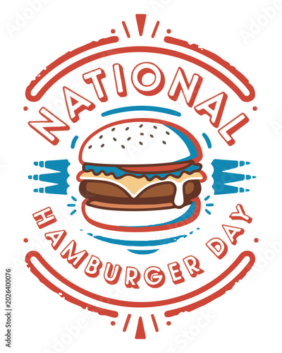 National Hamburger Day minimalist retro logo design featuring a black monochrome burger icon with stylized stacked wavy typography text layout.