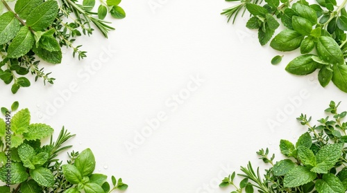 Fresh Green Leaves with Water Droplets in Corner Composition with Clean Middle Copy Space for Wellness and Skincare Advertising Background