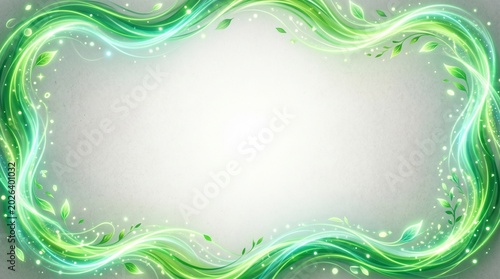 Green energy waves flowing around edges with empty center for eco product advertising and sustainable technology background design
