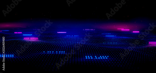 Abstract dark futuristic landscape of glowing digital dots and matrix data waves representing virtual reality computing