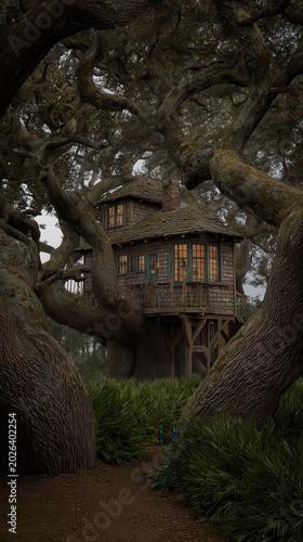 A secluded treehouse nestled amongst towering oaks.