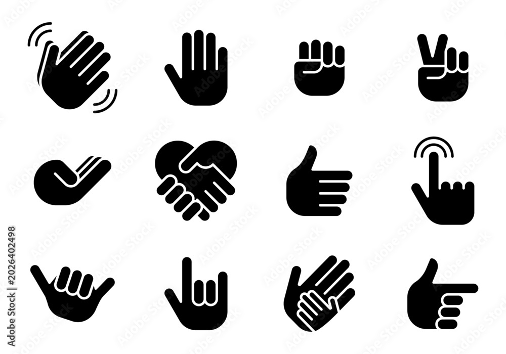 Fototapeta premium Conjunto de iconos de gestos y comunicación manual. Representa interacción, validación y acciones táctiles. Incluye saludo, aprobación, acuerdo, señalización y contacto digital. Ilustración vectorial