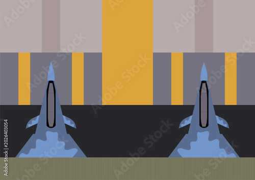 Tableau sur toile Abstract vector illustration of fighter jets parked inside a futuristic military