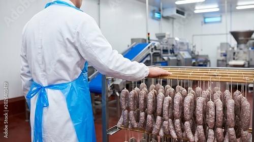 Professional food industry worker inspecting rows of freshly made artisan sausages hanging on a drying rack in a modern processing facility plant
