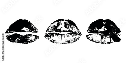 Fotografie Set of lipstick kiss print Different shapes of lips Black imprint Female sexy li