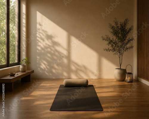 Serene yoga studio bathed in warm sunlight, featuring a yoga mat and bolster on a wooden floor, with a large window and a potted plant.