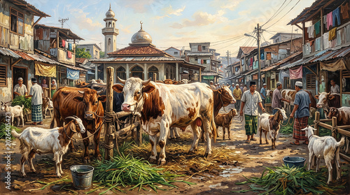 Painting of Sacrificial Cows and Goats Tended by Muslim Men in a Traditional Indonesian Village for Eid al-Adha Preparation