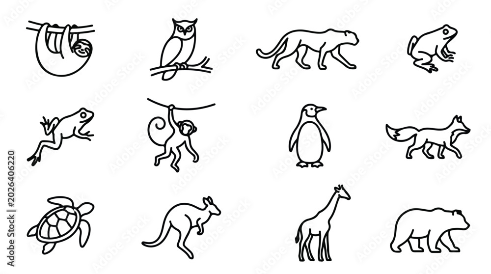 Obraz premium Minimalist animal line icons set, black outline wildlife vector illustrations, collection of 12 modern zoo and nature animal symbols for web design