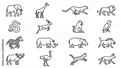 Bild auf Leinwand African safari animal icons set, 16 wild wildlife line art vectors, minimalist z