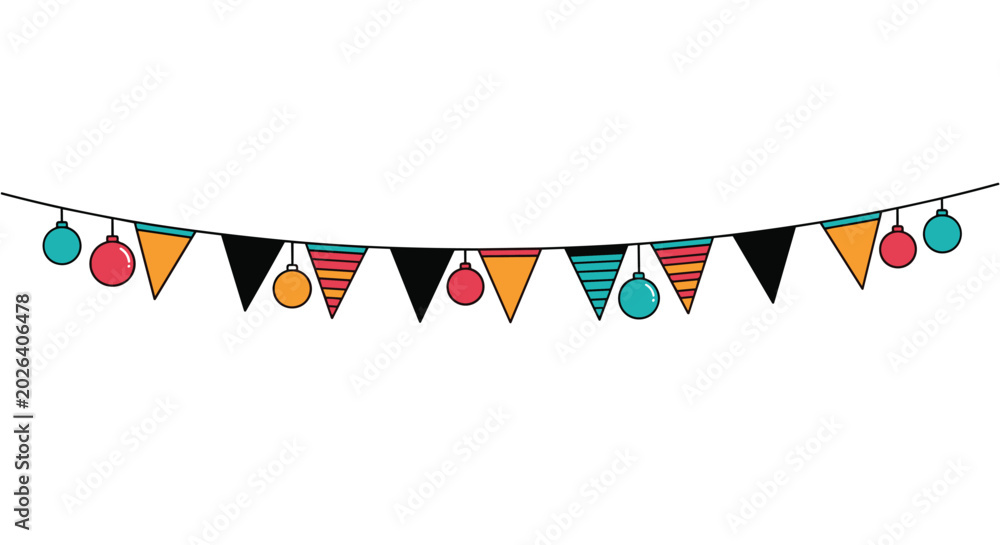Fototapeta premium Colorful festive party banner with triangular flags and hanging Christmas ball ornaments against a white background.