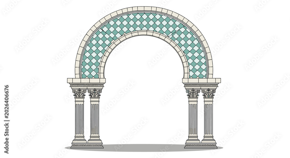 Fototapeta premium Elegant classical stone architectural arch supported by four columns and decorated with green and white diamond tiles.