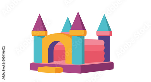 Tableau sur toile Fun and vibrant colorful inflatable bouncy castle toy for children with towers and an archway on a white background