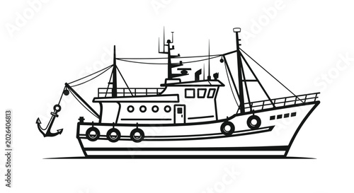 Photos Detailed line drawing of a commercial fishing trawler boat with an anchor and radar equipment on a white background