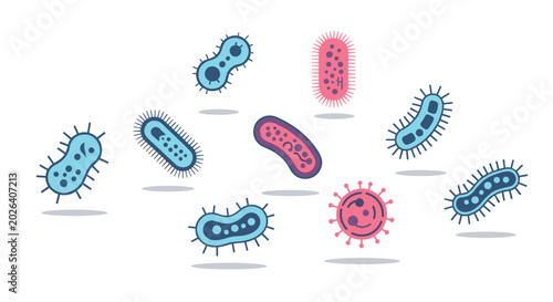 Photography Scientific illustration of various colorful bacteria and virus cells with different shapes and structures in blue and pink