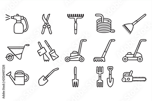 Foto Gardening Tools Line Icon Set With Rake Shovel Hose And Lawn Mower Symbols